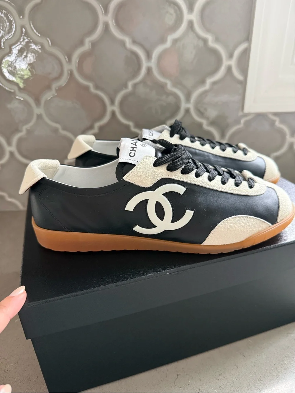 BNWT Chanel Black/White Calfskin & Embossed Suede Sneakers, Size 37